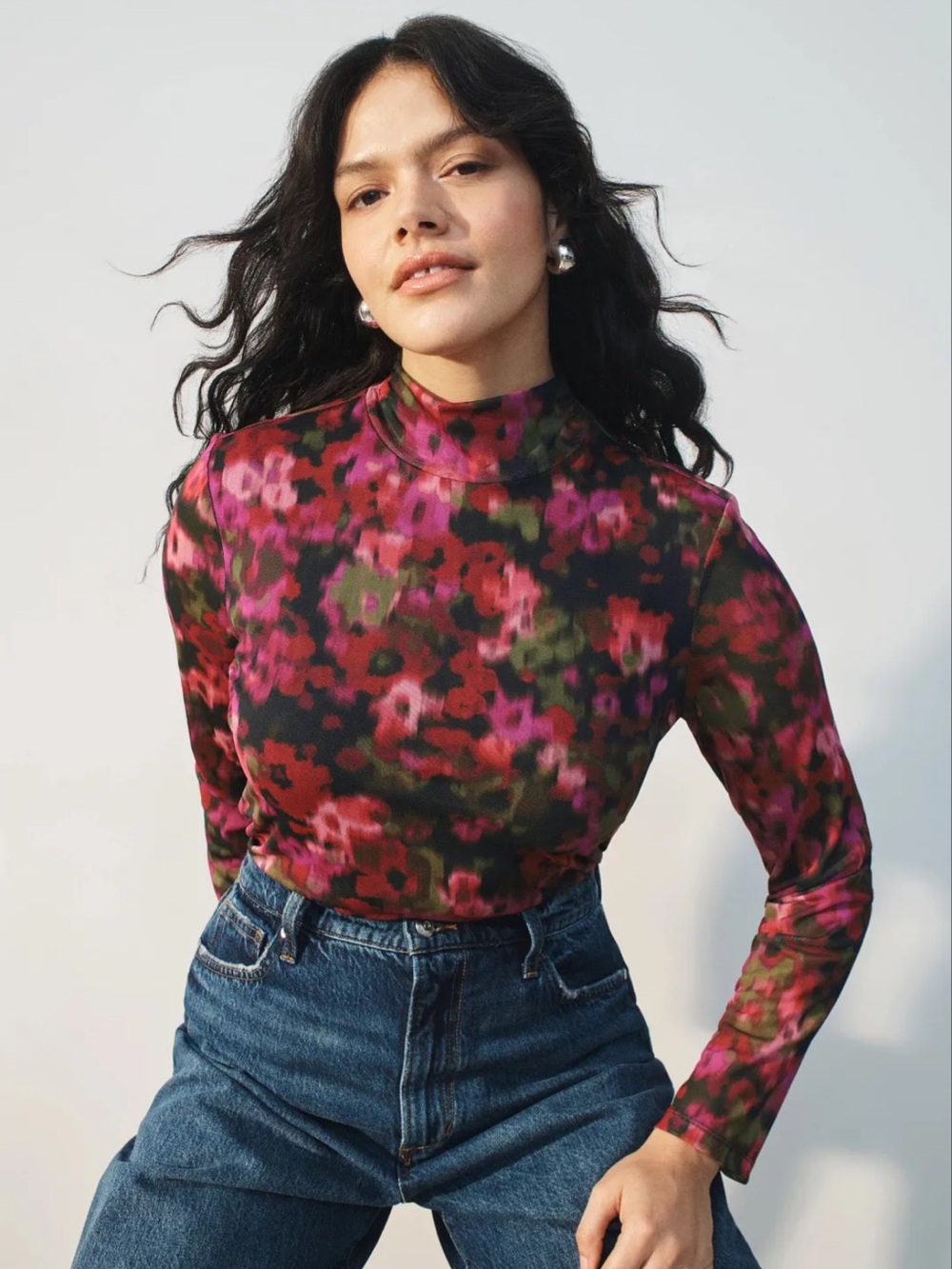 Sanctuary Mock-Neck Floral Print Long-Sleeve Mesh Top XXL